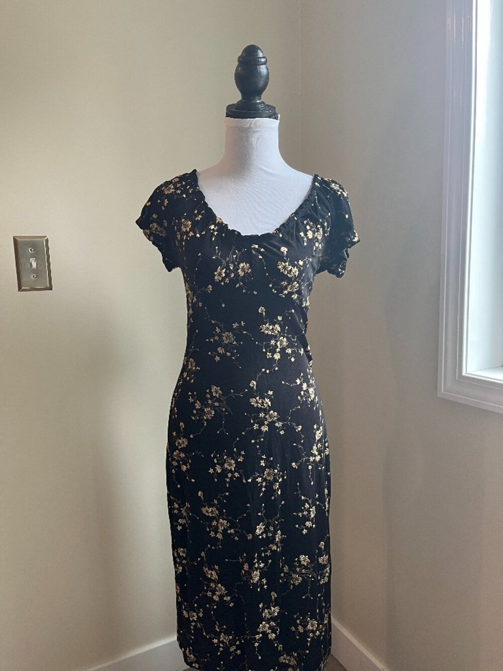 Vintage Betsey Johnson Dress, Gold Floral Prints, Size Medium